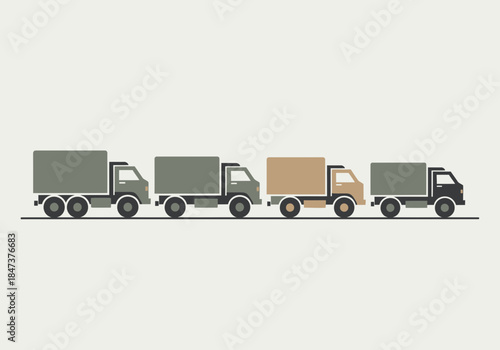 Four trucks of varying colors are lined up in a row.