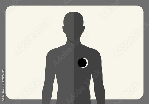 Silhouette of a person with a circular void on chest.