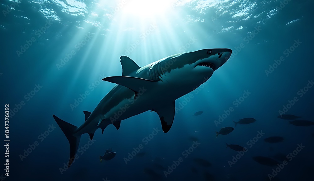 Obraz premium Apex Predator in the Deep Blue: Great White Shark Swimming Under Dazzling Ocean Sunbeams and Light Rays - Dramatic Underwater Wildlife Scene