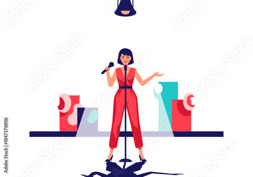 Woman singing into a microphone on a stage with spotlights.