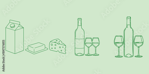 Simple green line art icons of dairy products and beverages on a pale green background. Milk, butter, cheese, and wine illustration for food and drink themes.