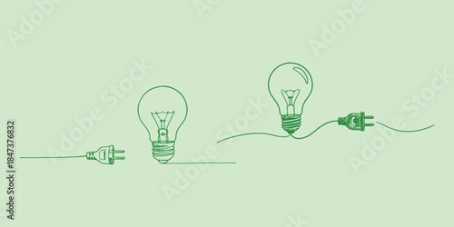 Conceptual green line art doodles of light bulbs and electrical plugs on a pale green background. Ideas, innovation, energy, and creativity themes.