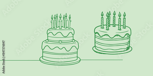 Festive green line art drawings of two birthday cakes with lit candles on a pale green background. Celebration, party, and sweet treat illustrations.