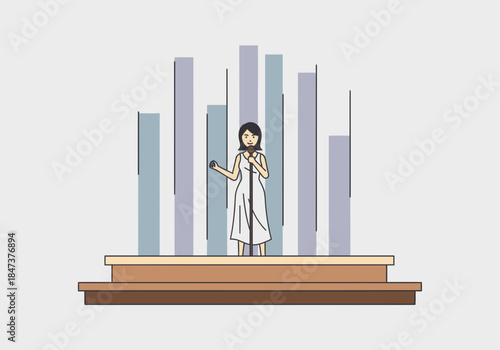 Man in white coat holds microphone on stage with tall bars.