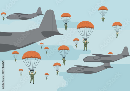 Military transport planes deploy paratroopers descending from the sky.