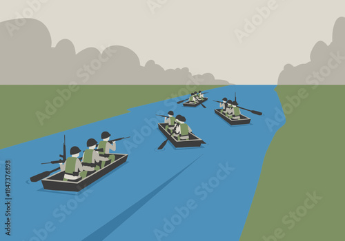 People rowing boats down a river in a line.