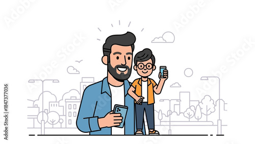 Happy father and son taking selfie together outdoors