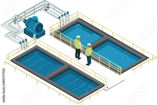 Isometric water treatment facility inspection illustration with engineers monitoring pump system basin industrial safety infrastructure process management concept