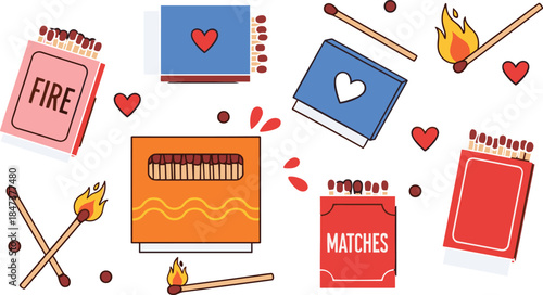 Cute matchbox and matches illustration set with fire flames hearts and love symbols flat vector design