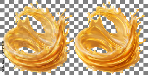 Forming swirling ring orange liquid oil a glossy realistic 3D vector surface isolated transparent grid background Ideal oil honez fruit juice concepts
