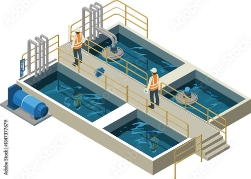 Isometric water treatment facility inspection illustration with engineers monitoring pump system basin industrial safety infrastructure process management concept