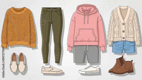 Casual fashion outfits with stylish clothing and shoes arranged