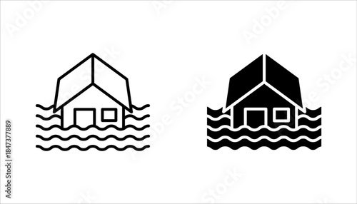 flood icon set. River water natural disaster damage home vector icon. Tsunami disaster sign, vector illustration on white background