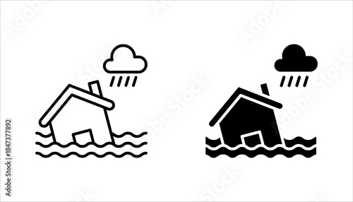 flood icon set. River water natural disaster damage home vector icon. Tsunami disaster sign, vector illustration on white background