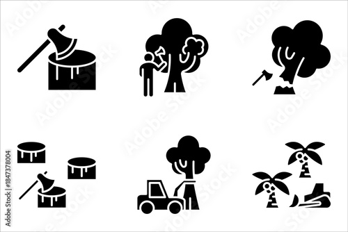 Deforestation linear icon set. Forest degradation and exploitation. Chopping wood. Logging industry. vector illustration on white background