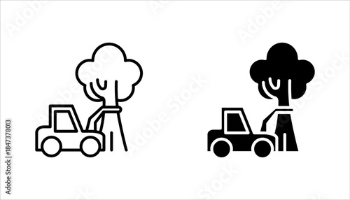 Deforestation linear icon set. Forest degradation and exploitation. Chopping wood. Logging industry. vector illustration on white background