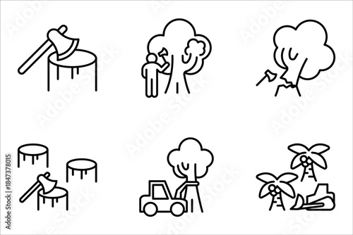 Deforestation linear icon set. Forest degradation and exploitation. Chopping wood. Logging industry. vector illustration on white background