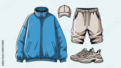 Casual outfit with blue jacket, beige shorts, sneakers and cap