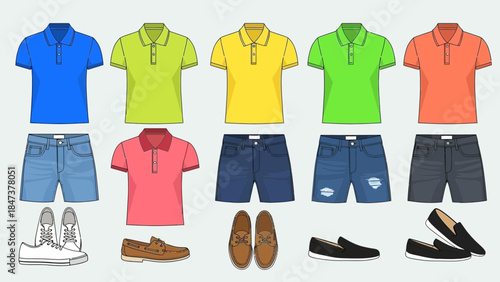 Colorful casual clothing and shoes for men in summer
