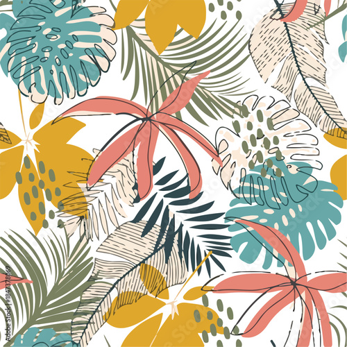 Seamless Tropical Leaves Pattern in Modern Botanical Style