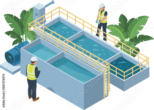 Isometric water treatment plant inspection illustration with engineers monitoring filtration basins industrial wastewater purification environmental infrastructure system
