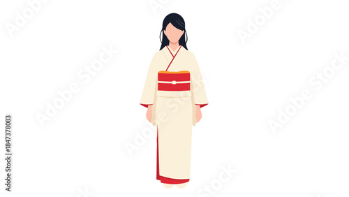 Woman in Traditional Cream Kimono with Red Obi