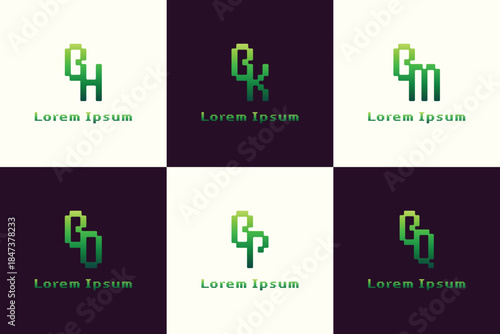 Letters BH BK BM BO BP BQ Pixel Monogram Logo, for HB KB MB OB PB QB initials