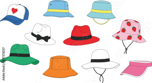 Different types of hats illustration set including bucket hat, fedora, cap and visor in colorful flat style