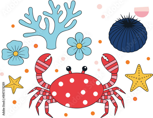 Cute sea life illustration with crab starfish coral flowers and underwater elements in flat cartoon style