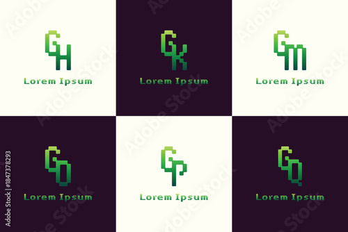 Letters GH GK GM GO GP GQ Pixel Monogram Logo, for HG KG MG OG PG QG initials