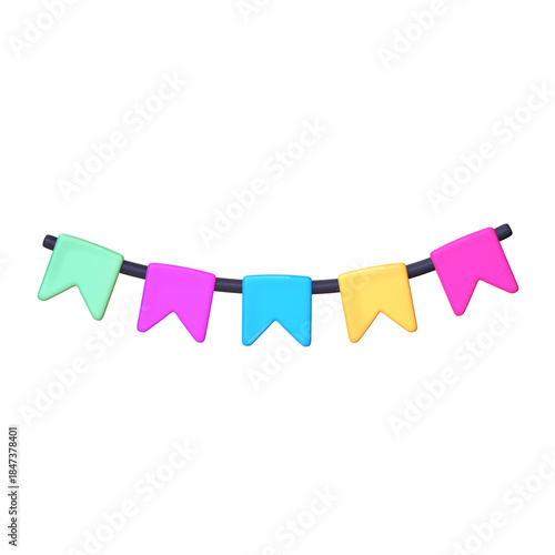 A 3D stylized party bunting garland featuring five vibrant flags in mint green, purple, blue, yellow, and pink hanging from a dark string.