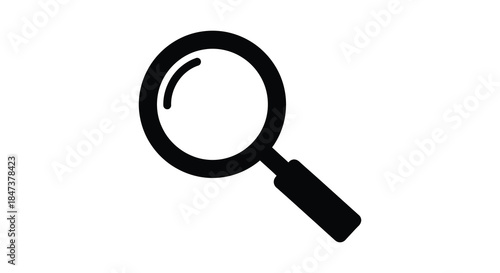 A stark black magnifying glass illustration against a white background a simple silhouette