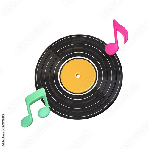 A 3D stylized black vinyl record with a yellow center and floating pink and mint green music notes.