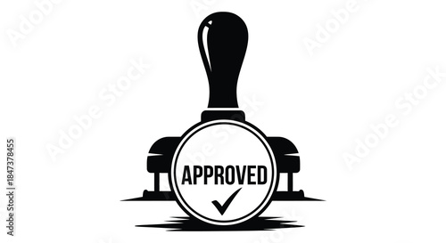 An approved stamp with a checkmark inside a circular design a bold silhouette