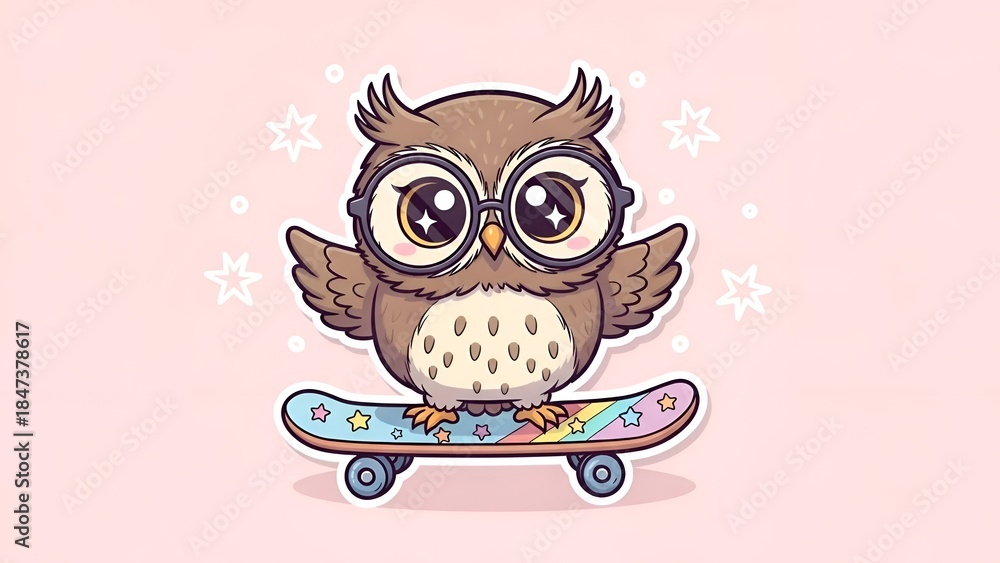 Fototapeta premium Cute Owl Skateboarder Cartoon Kawaii Animal Illustration