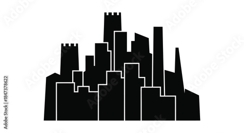 A striking black cityscape featuring various building shapes and heights presented as a silhouette