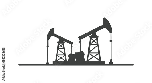 Black and white illustration depicting oil pumps against a plain background a striking silhouette