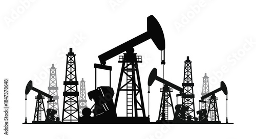 A striking black and white silhouette of oil pumps and drilling rigs against a white background silhouette