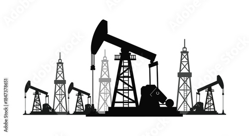 A striking depiction of oil pumps and derricks against a bright background silhouette