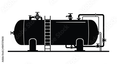 Detailed black silhouette of an industrial storage tank with valves ladder and support structure silhouette