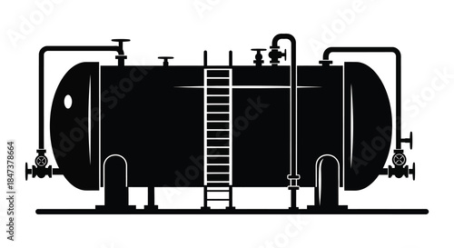 A detailed black and white illustration of a large industrial tank with valves and supports silhouette