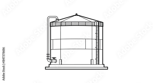 A detailed black and white line drawing of an industrial storage tank a striking silhouette