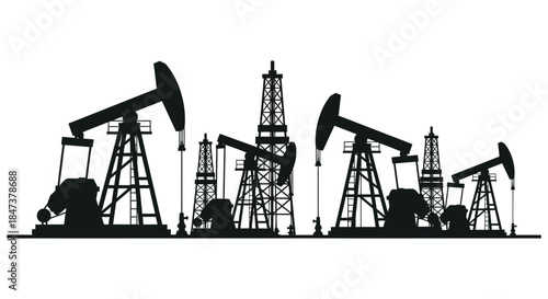 A stark depiction of oil pumps and derricks against a white background silhouette