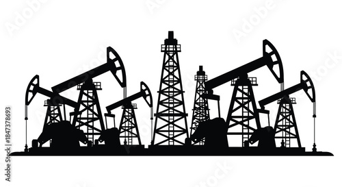 A striking black silhouette of oil pumps and drilling rigs against a white background silhouette