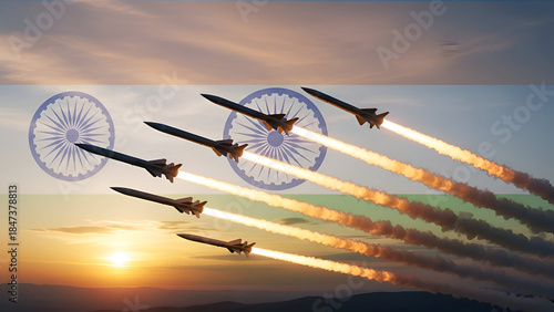 Indian missile launch formation showing national defense power with tricolor background and Ashoka symbol in sky symbolizing military strength security strategy realism concept