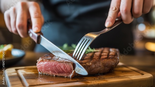 Person cutting premium dry aged steak on a wooden board with knife and fork in a restaurant setting with warm lighting