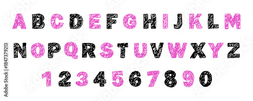 English alphabet crayon. Bold and playful font. Scribble texture for headlines and designs for children, parties or education. Vector illustration.