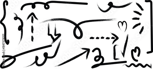 Abstract hand drawn doodle diagram with arrows, symbols, and sketchy conceptual illustration elements