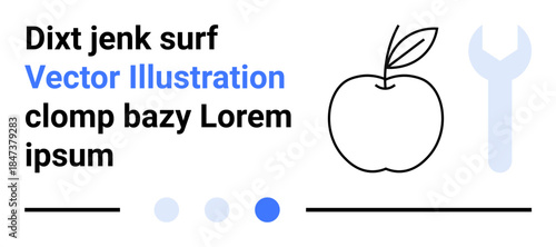Outline apple, blue wrench, text elements, and dot indicators in minimalist style. Ideal for education, simplicity, tools, nature, innovation design aesthetics simple landing page