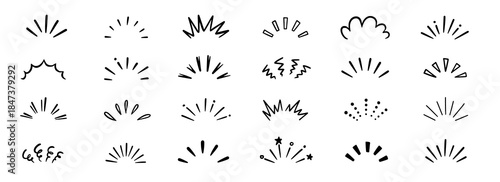 Hand drawn line art bursts with surprise rays and sparkles. Doodle hand drawn starburst icons shine bright. Surprise shapes for comic effects, manga splash, cartoon decorations. Vector illustration